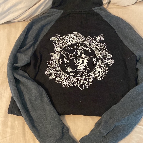 True religion zip up sweat shirt. Black with dark gray sleeves. - Picture 2 of 2